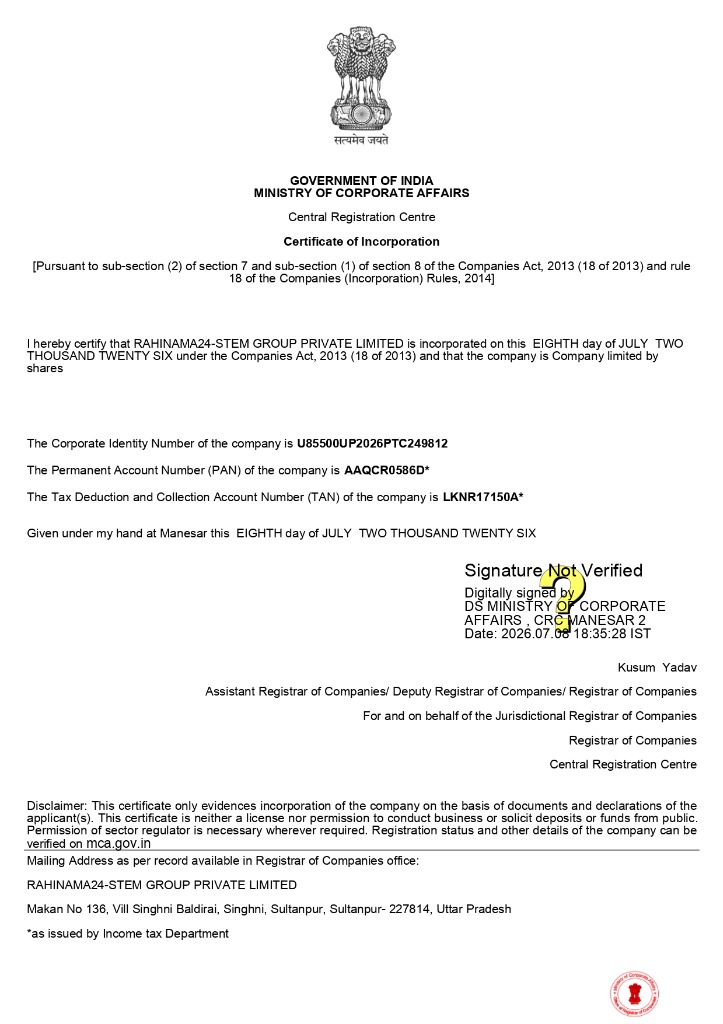 Certificate of Incorporation - Rahinama24-STEM Group Private Limited