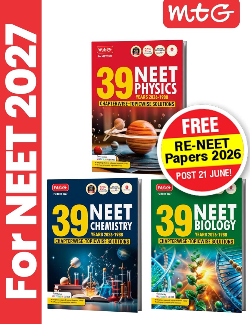 MTG NEET PYQ 39 Years Physics, Chemistry & Biology Book For 2026-2027 Exam (Set of 3) | Chapterwise Topicwise Solved Question Papers