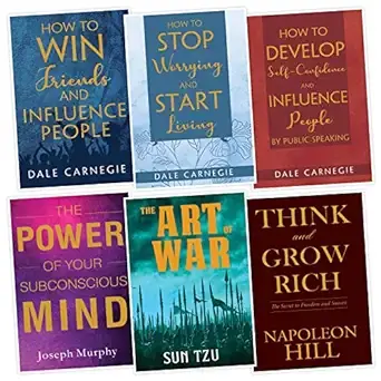 Pack of 6 Self Help Book for Adult - How to Self Confidence, Stop Worrying, Win Friends, Subconscios Mind, Think & Grow and Art of War