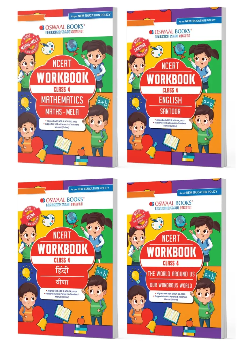 NCERT & CBSE Workbooks Class 4 Mathematics (Maths Mela), English (Santoor), Hindi (Veena) & Environmental Studies (The World Around Us) (Set of 4 Books) (For Latest Exam)