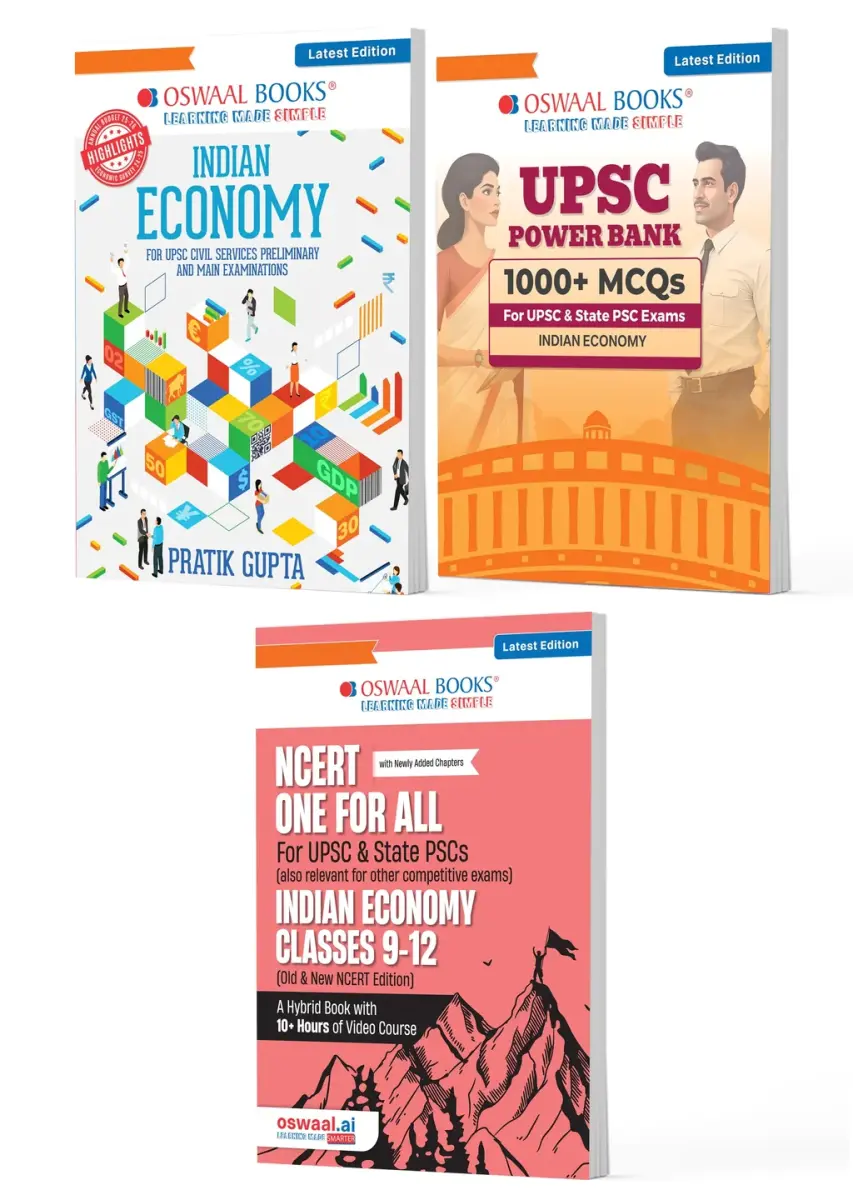 UPSC Indian Economy Exam Pack 2026 (Set of 3 Books) | Indian Economy Guide + Power Bank 1000+ MCQs + NCERT One For All