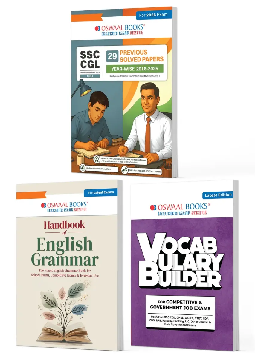 SSC CGL Tier-1 Set of 3 English Medium | 29 PYQ Solved Papers + English Grammar Handbook + Vocabulary Builder