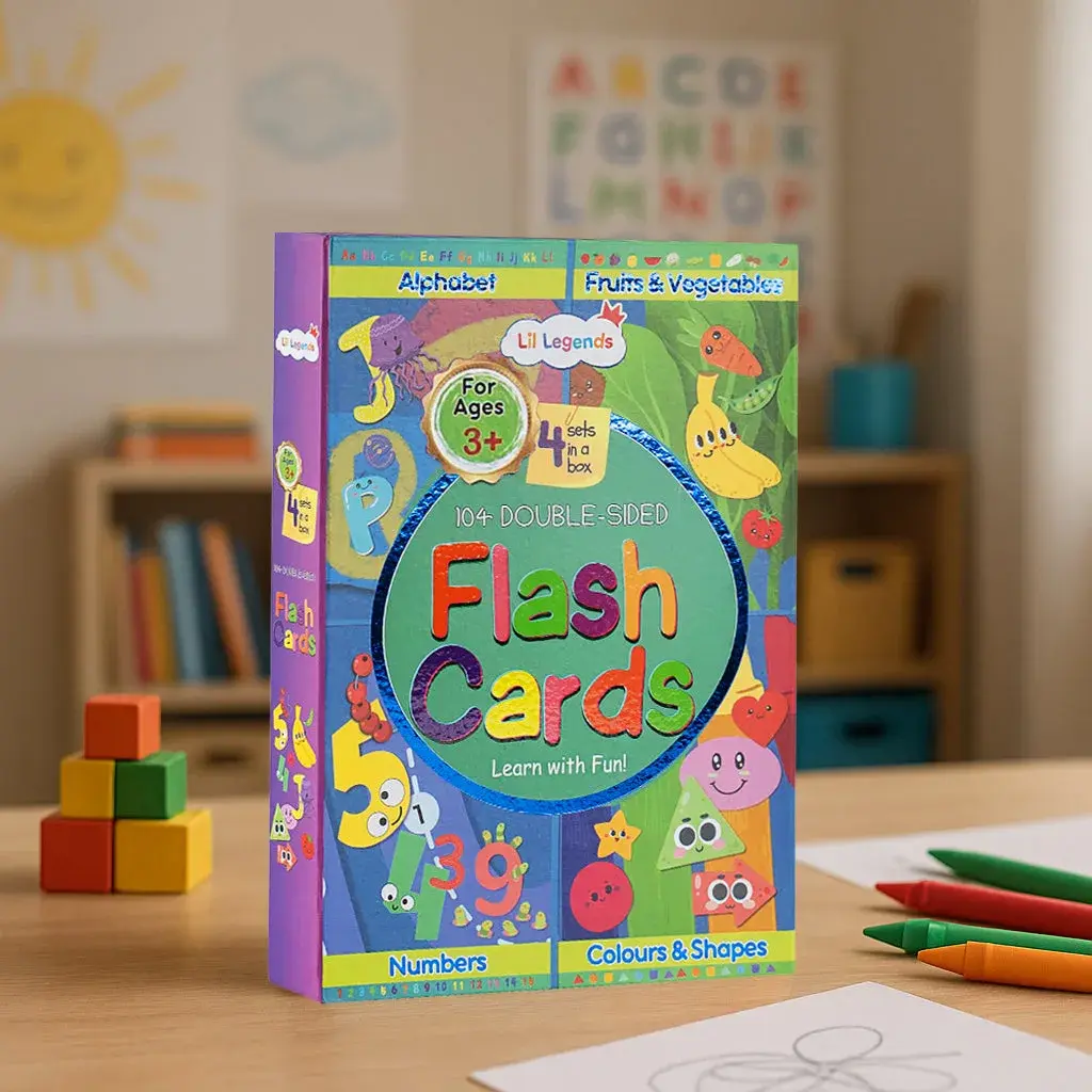 Lil Legends 104 Double-sided Flash Cards, 4 Sets In A Box for Kids | Alphabets, Numbers, Shapes and Colours, Fruits and Vegetables