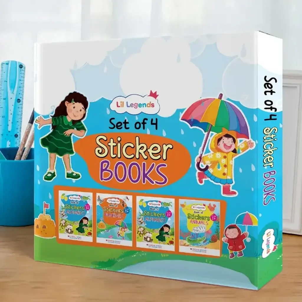Lil Legends Set of 4 Sticker Books, Box Set for Age 3+ | Learn Alphabets (ABC), Numbers (123), Shapes and Animals