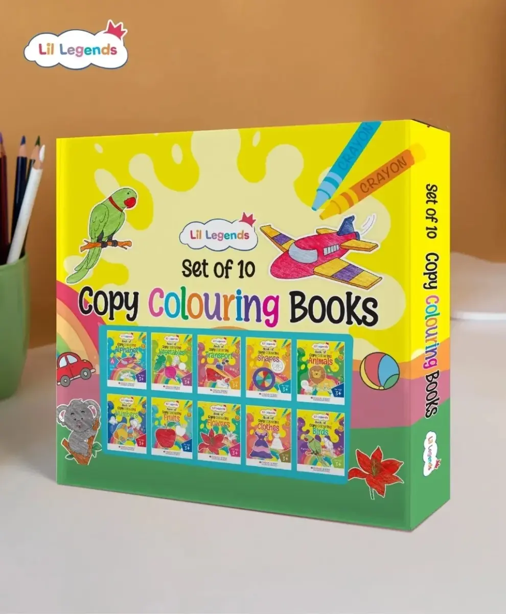 Lil Legends Set of 10 Copy Colouring Books for Kids | Box Set of 10 Books | Alphabet, Numbers, Shapes, Fruits and More